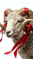 Cream-colored ram with large curved horns decorated with red satin ribbons and gold bells, isolated on white background. Festive holiday or seasonal design element.