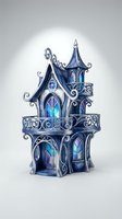 Ornate gothic tower with glowing cyan windows, intricate silver metalwork, and mystical architectural details on white background for fantasy game design and magical storytelling projects.