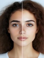Split face portrait showing contrast between natural curly and straight hairstyles on mixed race woman with brown eyes and neutral expression against white background.