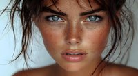 Young woman with mesmerizing blue eyes, sun-kissed freckled skin, and tousled dark hair in natural summer beauty portrait against light background.