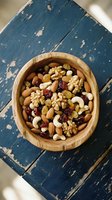 Mixed nuts and dried fruits in wooden bowl on rustic blue painted surface for healthy snacking and cooking ingredients.