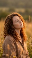 Young woman with curly red hair enjoying peaceful moment with closed eyes in golden sunset light outdoors for wellness and mindfulness concepts.