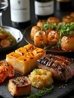 Grilled beef steak with caramelized scallops, roasted tomatoes and garnish on dark plate. Fine dining restaurant meal with wine bottles in background.