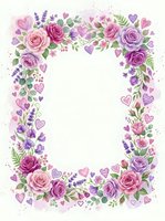 Watercolor floral frame with pink and purple roses, lavender, hearts and green leaves on white background for wedding invitations and romantic designs.