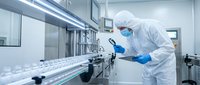 Scientist in protective suit examining samples in sterile laboratory with modern equipment for pharmaceutical research and quality control testing.