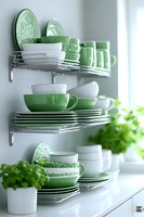 Green and white ceramic dinnerware set displayed on modern kitchen shelves with fresh herbs creating organized storage solution for contemporary home.