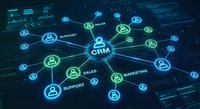 CRM customer relationship management system network with connected user icons on digital technology background for business automation.