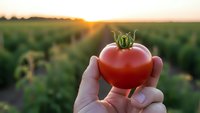 Fresh ripe red tomato held in hand at sunset in agricultural field. Organic farming, harvest season, healthy vegetables, farm to table concept.