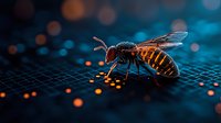 Detailed macro shot of honey bee on dark textured surface with glowing orange bokeh lights creating magical atmosphere. Insect wings and body details visible in dramatic lighting.