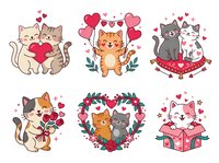 Cute cats holding hearts and surrounded by floral elements, isolated on white background. Perfect for Valentine's Day designs, greeting cards, t-shirts, and children's illustrations.