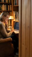 Smiling senior Caucasian woman with glasses working on laptop in cozy home library with warm lamp light and bookshelves.