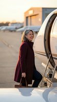 Confident mature businesswoman boarding private jet at sunset, luxury travel and corporate success lifestyle for executive transportation.