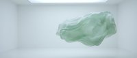 Floating green translucent plastic bag in minimalist white room with soft lighting for environmental awareness and sustainability concepts.