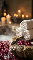 Luxury spa setting with rolled white towels on stone surface surrounded by rose petals and warm candlelight creating relaxing wellness atmosphere.