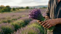 Farmer holding fresh lavender bunch in field during harvest season with blooming purple flowers in background.