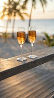 Two champagne flutes filled with golden sparkling wine on wooden deck at tropical beach sunset with palm trees creating romantic atmosphere for celebration.