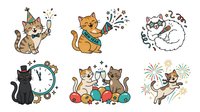 Cartoon cats celebrating with party elements, confetti, and festive decorations on isolated white background, suitable for greeting cards, invitations, and children's designs.