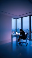Professional businesswoman working late at laptop in modern office with city skyline view during evening hours for corporate productivity concepts.