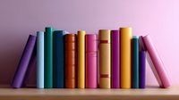 Colorful hardcover books arranged in row on wooden shelf against pink wall background, creating minimalist composition for reading and education concepts.