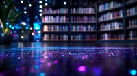 Dreamy library interior with purple and blue bokeh lights scattered across blurred foreground, bookshelves in background creating magical reading atmosphere.