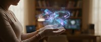 Young woman interacting with holographic digital interface displaying futuristic data visualization and virtual elements in modern home environment.