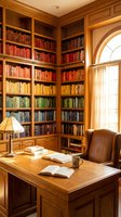 Elegant home library with wooden bookshelves, leather chair, and desk. Classic study room interior for reading and work in traditional style.