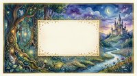 Enchanted fairy tale landscape with ornate blank frame, magical castle, mystical tree, crescent moon and starry purple sky for fantasy storytelling designs.