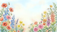 Watercolor wildflower meadow border with poppies, roses, daisies and herbs on soft cream background for spring greeting cards, wedding invitations and botanical designs.