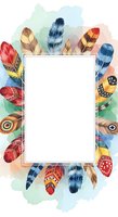 Colorful feather frame with watercolor background and white center space, isolated on transparent background for greeting cards, invitations, posters.
