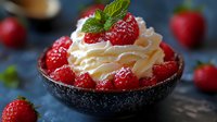 Fresh strawberries with whipped cream in dark bowl garnished with mint leaf. Sweet dessert presentation for bakery menu, recipe blog, summer treats.