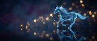 Glowing blue energy horse galloping with flowing mane against dark background with golden bokeh lights creating magical fantasy atmosphere for digital art projects.
