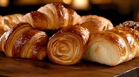 Fresh baked golden croissants with flaky layers and glossy surface arranged on wooden board, warm lighting creates appetizing mood for food photography.