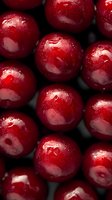 Fresh ripe cherries with water drops on dark background, macro shot showing glossy red fruit texture and natural organic produce for food design.