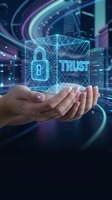Hands holding holographic cube with padlock and trust text representing cybersecurity, data protection and digital security technology concepts.