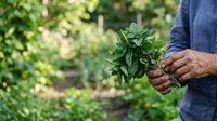 Mature man in denim shirt holding fresh mint leaves in garden setting with blurred green foliage background, harvesting herbs.