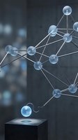 Connected glass spheres forming network structure above platform with blurred urban background, representing data connectivity, blockchain technology, and digital communication systems for business and technology concepts.