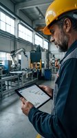 Middle-aged male engineer with beard wearing yellow hard hat and dark work shirt using tablet with data charts in industrial factory setting with machinery.