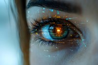 Close-up of blue eye with digital technology overlay, glowing orange center and futuristic interface elements representing artificial intelligence and biometric scanning.