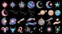 Colorful astrology and zodiac clipart set isolated on transparent background, featuring stars, planets, constellations, and horoscope symbols for stickers, t-shirts, and print on demand.