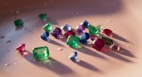 Colorful precious gemstones scattered on reflective surface with dramatic lighting. Mixed cut emeralds, rubies, sapphires for jewelry design and luxury concepts.