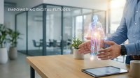Male professional in business casual attire holding glowing digital human hologram above wooden desk in modern office environment with plants and laptop, representing technology innovation and digital transformation.
