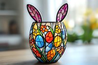 Colorful stained glass candle holder with tulip and floral design in vibrant rainbow colors featuring bunny ears on top, photographed with soft natural lighting.