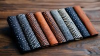 Rolled fabric samples in navy blue, brown and teal patterns featuring geometric, polka dot and striped designs arranged on rustic wooden surface for textile design.