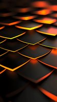 Abstract geometric pattern of black rhomboid shapes with glowing orange and yellow edges creating dynamic depth and perspective on dark background.