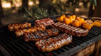 Juicy grilled meat and colorful bell peppers cooking on barbecue grill with smoke and flames. Closeup of seasoned steaks and vegetables showing grill marks.