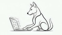 Dog sitting at laptop computer working from home in minimalist line art style on light background for business and technology concepts.