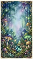 Enchanted forest scene with glowing mushrooms, magical fireflies, and ornate gold decorative border frame, fantasy woodland illustration for book covers and wall art.