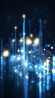 Glowing vertical light lines with blue and gold bokeh effects on dark background create magical atmosphere for technology and celebration designs.