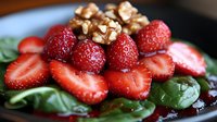Sliced and whole strawberries arranged on fresh spinach leaves with walnuts, ideal for healthy eating, nutrition, and food styling content.