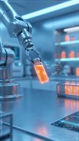 Robotic arm holding glowing test tube in futuristic laboratory with digital interface displays for pharmaceutical research and biotechnology innovation.